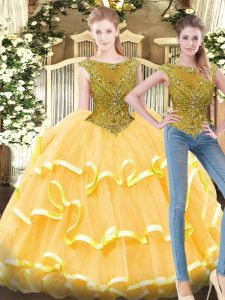 Customized Floor Length Ball Gowns Sleeveless Gold 15th Birthday Dress Zipper