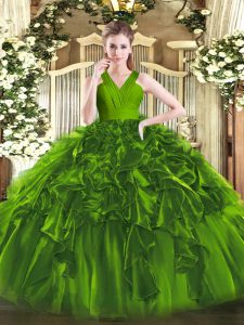 Custom Made Sleeveless Organza Floor Length Zipper Sweet 16 Dresses in Olive Green with Ruffles