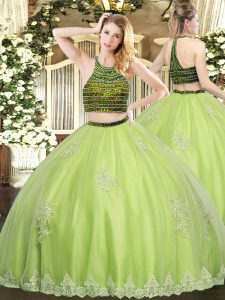 Yellow Green Sleeveless Tulle Zipper Quinceanera Dress for Military Ball and Sweet 16 and Quinceanera