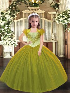 Customized Olive Green Lace Up Little Girl Pageant Dress Beading Sleeveless Floor Length