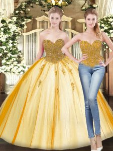 High Class Gold Sleeveless Tulle Lace Up Quinceanera Dresses for Military Ball and Sweet 16 and Quinceanera