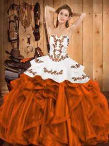 Orange Red Satin and Organza Lace Up Strapless Sleeveless Floor Length Sweet 16 Dresses Embroidery and Ruffles