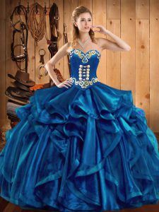 Glamorous Blue Ball Gowns Organza Sweetheart Sleeveless Embroidery and Ruffles Floor Length Lace Up 15th Birthday Dress