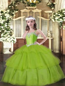 Most Popular Olive Green Lace Up Little Girl Pageant Dress Beading and Ruffled Layers Sleeveless Floor Length