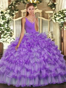 Fantastic Lavender Backless V-neck Ruffled Layers Quinceanera Dress Organza Sleeveless