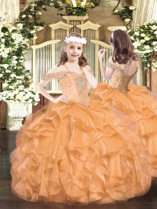 Organza Off The Shoulder Sleeveless Lace Up Beading and Ruffles Pageant Dresses in Orange