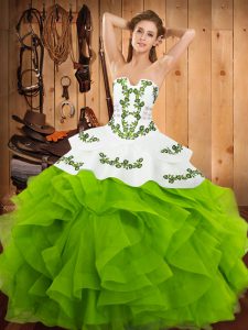 Custom Fit Strapless Lace Up Embroidery and Ruffles Quince Ball Gowns Sleeveless