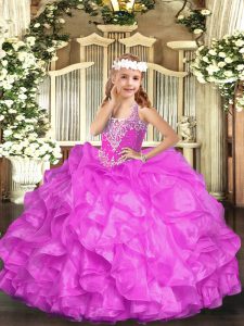 New Arrival Sleeveless Lace Up Floor Length Beading and Ruffles Little Girl Pageant Dress