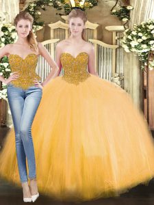 Elegant Gold Lace Up Sweet 16 Dress Beading Sleeveless Floor Length