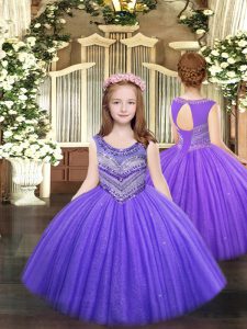 Customized Scoop Sleeveless Little Girls Pageant Dress Floor Length Beading Lavender Tulle