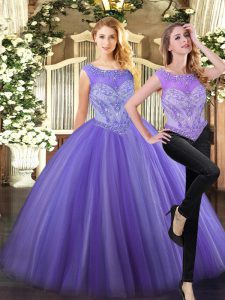 Eye-catching Lavender Two Pieces Scoop Sleeveless Tulle Floor Length Zipper Beading 15th Birthday Dress