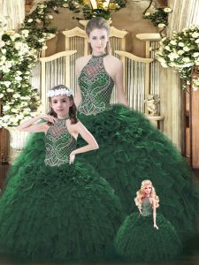 Popular Floor Length Lace Up Quinceanera Dress Dark Green for Military Ball and Sweet 16 and Quinceanera with Beading and Ruffles