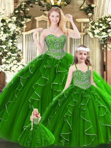 Chic Floor Length Green Quinceanera Gowns Tulle Sleeveless Beading and Ruffles