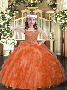 Straps Sleeveless Lace Up Evening Gowns Orange Red Organza
