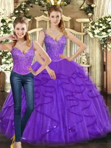 Fancy Purple Straps Lace Up Beading and Ruffles Ball Gown Prom Dress Sleeveless