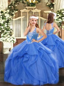 Stunning Floor Length Lace Up Winning Pageant Gowns Blue for Party and Quinceanera with Beading and Ruffles