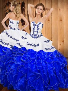 Blue And White Satin and Organza Lace Up Strapless Sleeveless Floor Length Quinceanera Dresses Embroidery and Ruffles