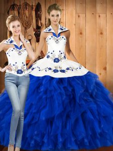 Great Three Pieces Sweet 16 Dress Blue And White Halter Top Satin and Organza Sleeveless Floor Length Lace Up