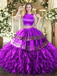 Hot Sale Eggplant Purple Sleeveless Floor Length Ruffles and Sequins Criss Cross 15 Quinceanera Dress