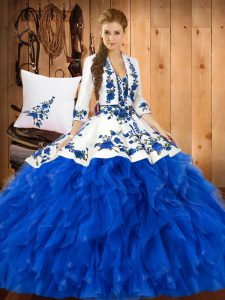 Sweetheart Sleeveless Quinceanera Dresses Floor Length Ruffles Blue Satin and Organza