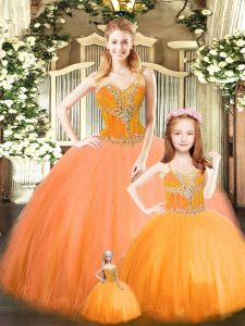 Orange Red Ball Gowns Beading Quinceanera Gown Lace Up Tulle Sleeveless Floor Length