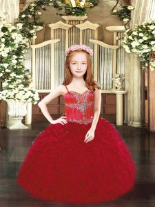 Wine Red Ball Gowns Organza Spaghetti Straps Sleeveless Beading and Ruffles Floor Length Lace Up Pageant Dress Womens