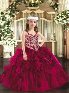 Organza Straps Sleeveless Lace Up Beading and Ruffles Little Girl Pageant Dress in Fuchsia