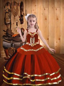 Rust Red Organza Lace Up Straps Sleeveless Floor Length Pageant Gowns Embroidery and Ruffles