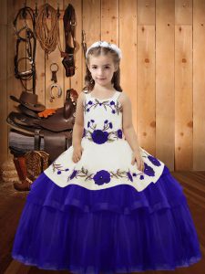 Gorgeous Purple Straps Neckline Embroidery and Ruffled Layers Pageant Gowns For Girls Sleeveless Lace Up