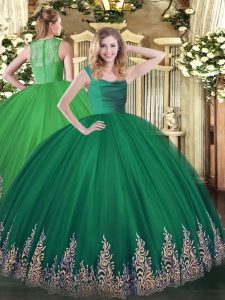 Dark Green Zipper Quinceanera Dresses Lace and Appliques Sleeveless Floor Length