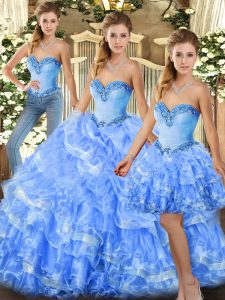 Floor Length Lace Up Ball Gown Prom Dress Light Blue for Military Ball and Sweet 16 and Quinceanera with Beading and Ruffles
