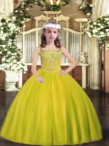 Yellow Green Ball Gowns Straps Sleeveless Tulle Floor Length Lace Up Beading Little Girls Pageant Dress Wholesale