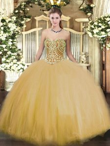 Customized Gold Sleeveless Beading Floor Length Sweet 16 Dresses