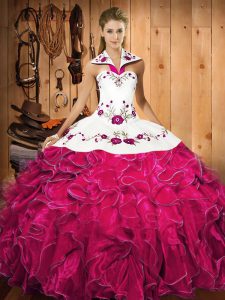 Satin and Organza Halter Top Sleeveless Lace Up Embroidery and Ruffles Quince Ball Gowns in Fuchsia
