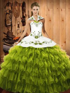 Olive Green Lace Up Halter Top Embroidery and Ruffled Layers Sweet 16 Dress Organza Sleeveless