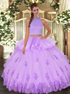 Deluxe Lavender Two Pieces Halter Top Sleeveless Tulle Floor Length Backless Beading and Appliques and Ruffles Quince Ball Gowns