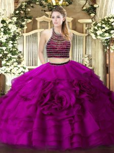 Lovely Fuchsia Quince Ball Gowns Military Ball and Sweet 16 and Quinceanera with Beading and Ruffled Layers Halter Top Sleeveless Zipper