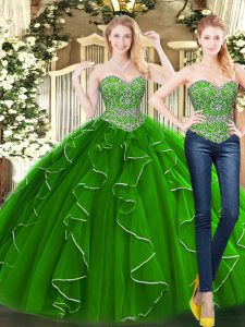 Green Lace Up Sweet 16 Quinceanera Dress Beading and Ruffles Sleeveless Floor Length