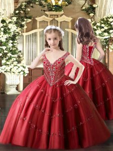 Exquisite Red V-neck Neckline Beading and Appliques Pageant Dress Sleeveless Lace Up