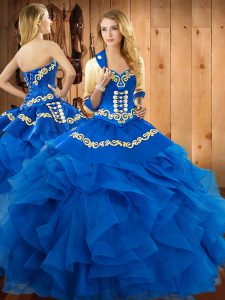 Sweetheart Sleeveless Satin and Organza Quinceanera Dresses Embroidery and Ruffles Lace Up