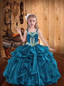 Best Teal Ball Gowns Embroidery and Ruffles Little Girls Pageant Dress Lace Up Organza Sleeveless Floor Length