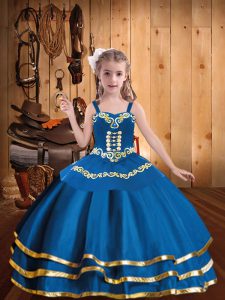Fashionable Floor Length Blue Winning Pageant Gowns Organza Sleeveless Embroidery and Ruffled Layers
