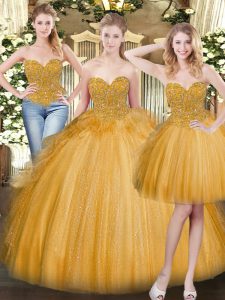 High End Gold Sleeveless Floor Length Beading and Ruffles Lace Up Quinceanera Gown