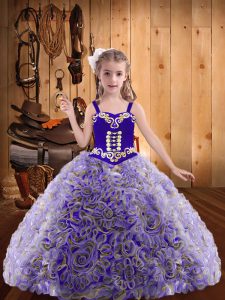 Customized Floor Length Multi-color Kids Pageant Dress Fabric With Rolling Flowers Sleeveless Embroidery and Ruffles