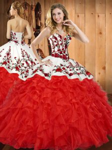 Popular Wine Red Quince Ball Gowns Military Ball and Sweet 16 and Quinceanera with Embroidery and Ruffles Sweetheart Sleeveless Lace Up