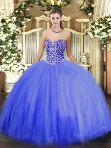 Sexy Blue Ball Gowns Tulle Sweetheart Sleeveless Beading Floor Length Lace Up Quinceanera Gowns