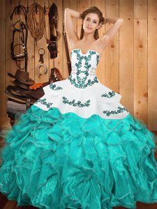 Pretty Strapless Sleeveless Quinceanera Gowns Floor Length Embroidery and Ruffles Aqua Blue Satin and Organza