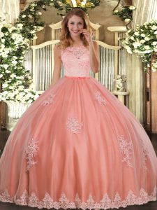 Sleeveless Floor Length Lace and Appliques Clasp Handle Quinceanera Dress with Watermelon Red