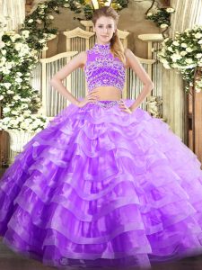 Captivating Lavender High-neck Backless Beading and Ruffled Layers Quinceanera Gown Sleeveless