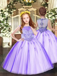 Fantastic Lavender Tulle Zipper Scoop Sleeveless Floor Length Child Pageant Dress Beading and Appliques